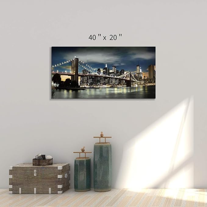 Brooklyn Bridge Canvas Wall Art: Skylines Reflections in New York Artwork for Office Living Rooms(40”x20”)-Ruum Studio Home