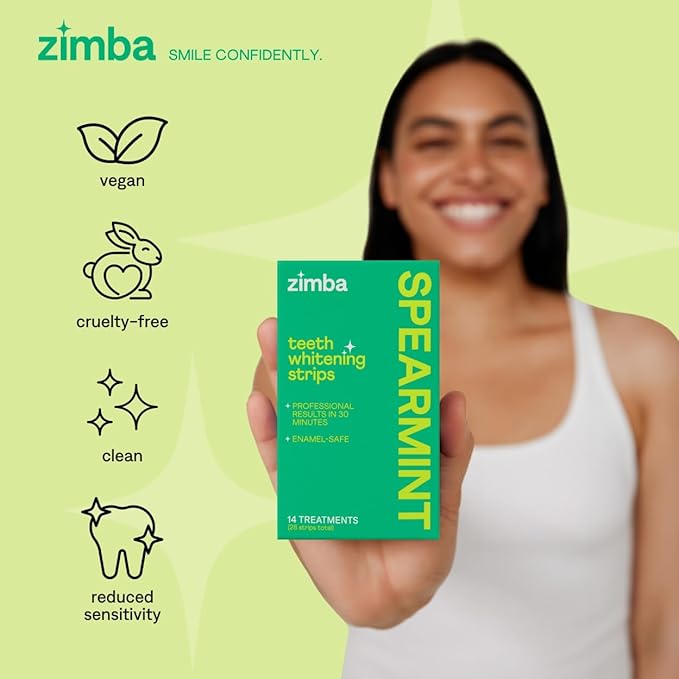 Zimba Spearmint Flavored Teeth Whitening Strips | Vegan, Enamel Safe Hydrogen Peroxide Teeth Whitener for Coffee, Wine, Tobacco, and Other Stains | 14 Day Treatment | Spearmint-Ruum Studio Home