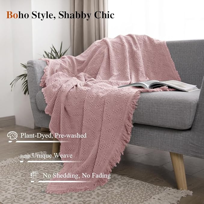 Simple&Opulence 100% Cotton Throw Blanket for Bed, Couch, Boho Luxury Geometric Knit Woven Blanket with Tassels Soft Lightweight Cozy Breathable, Vintage Farmhouse Decoration for All-Season(Pink)-Ruum Studio Home