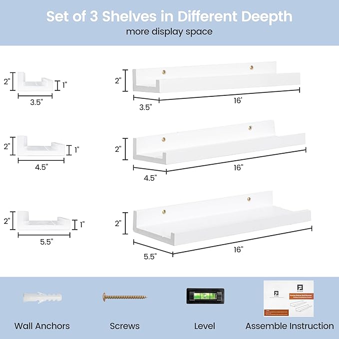 Picture Ledge Shelf for Wall, 16 inches Solid Pine Wood Nursery Book Shelves 3 Packs, Floating Ledge Shelves for Kids' Room Bedroom Bathroom Living Room Photo Frames Office Nursey Wall Decor, White-Ruum Studio Home