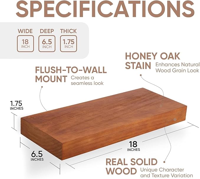 Homeforia 18 inch Floating Shelf Oak, High End Solid Real Wood 18inch Long Floating Shelves for Wall Mounted, Honey Oak Wooden 18in Floating Shelves, Heavy Duty Bracket, 18 X 6.5 X 1.75 inch, Set of 3-Ruum Studio Home