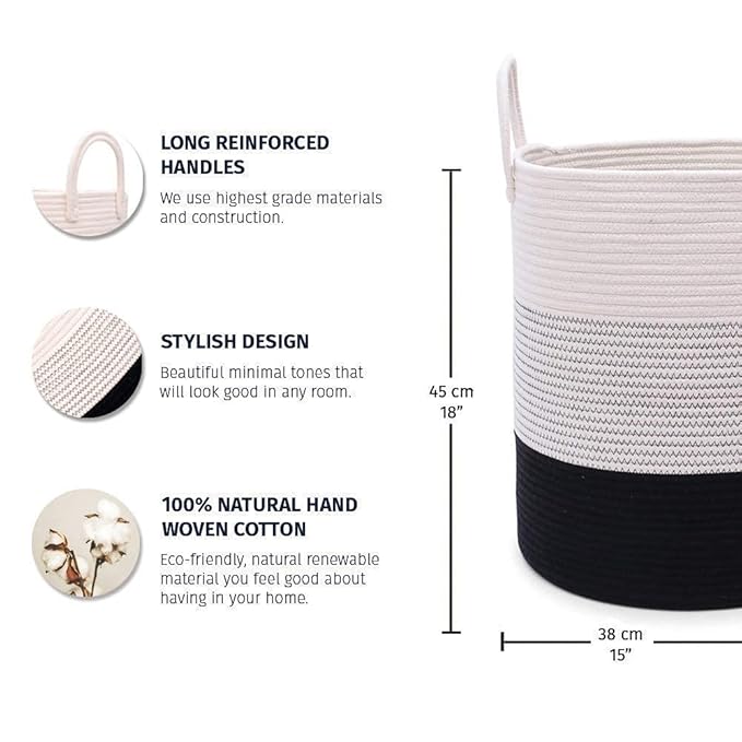 OrganiHaus Black & White Blanket Storage Basket for Living Room 15x18, Woven Nursery Hamper Basket, Large Toy Basket Storage for Kids, Laundry Hamper, Baby Laundry Basket, Cute Cotton Rope Basket-Ruum Studio Home