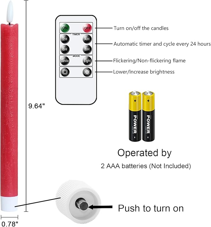 GenSwin Flameless Red Taper Candles Flickering with 10-Key Remote, Battery Operated Led Warm 3D Wick Light Window Candles Real Wax Pack of 6, Christmas Home Wedding Decor(0.78 X 9.64 Inch)-Ruum Studio Home
