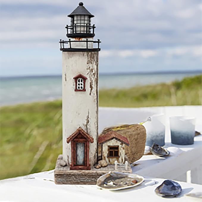 Linfevisi Wood Lighthouse Decor Rustic LED Light House Decor Wooden Decorative Nautical Lighthouse Statue Coastal Beach Themed Lighthouse Handcrafted Tabletop Decoration Home Bathroom (12")-Ruum Studio Home