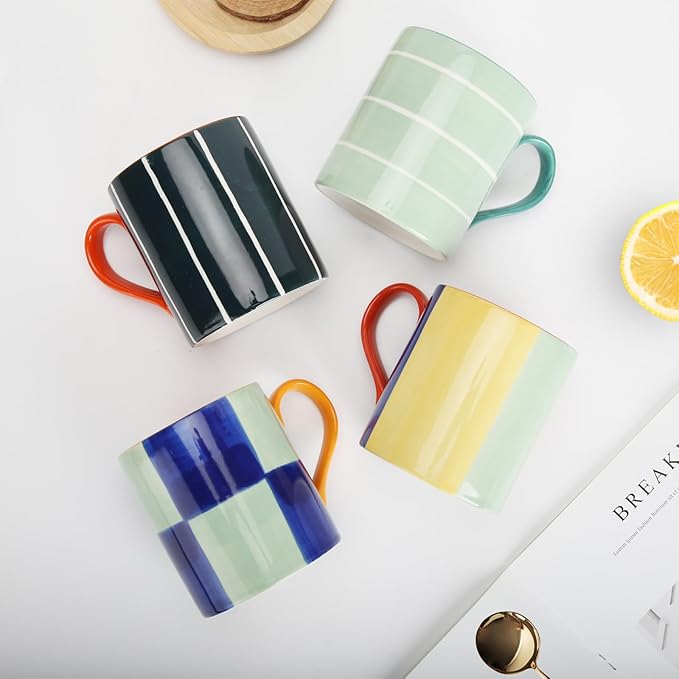 Koja Colorful Hand Painted 16 oz. Porcelain Ceramic Mugs Set. Service for 4.-Ruum Studio Home