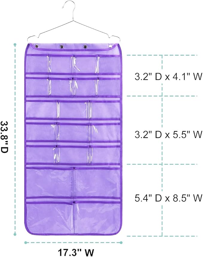Dual Sided Hanging Organizer for Jewelry Makeup Storage Closet Organizers for Bows Socks Underwear with 42 Clear Pockets (PURPLE)-Ruum Studio Home