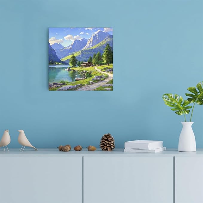 Landscape wall painting of mountain forest lakeside cabin under blue sky and white clouds natural oil painting poster suitable for living room bedroom office-Ruum Studio Home