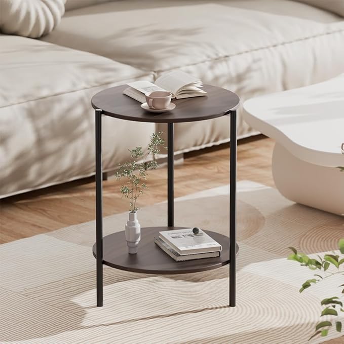 Side Table, Round End Table with 2-Layer Storage Rack, 15.7" Small Spaces Circle Table, Metal Frame Design Small Side Tables, for Living Room, Bedroom, Vintage Wood-Ruum Studio Home