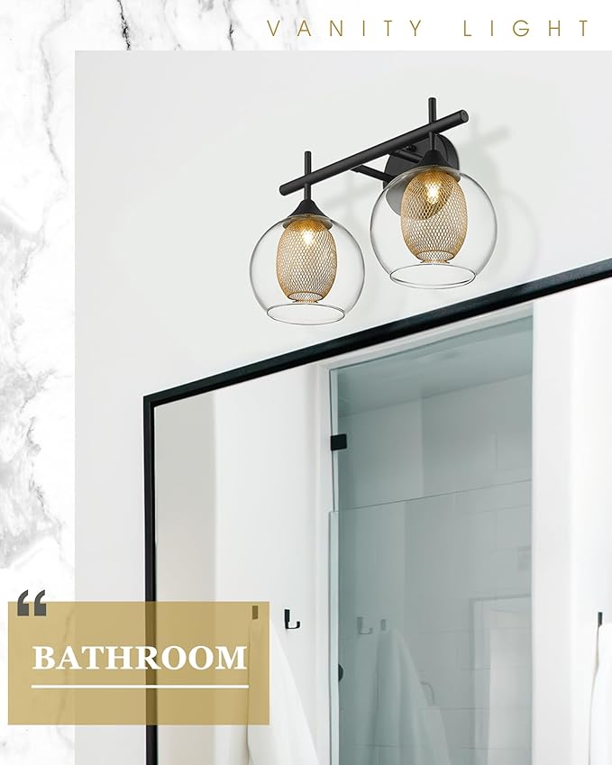 Black and Gold Bathroom Light Fixture, Farmhouse Wall Sconce Lighting with Clear Glass and Honeycomb Metal Shade, 2-Light Black Brass Vanity Light Over Mirror, AD-22001-2W-BK-Ruum Studio Home
