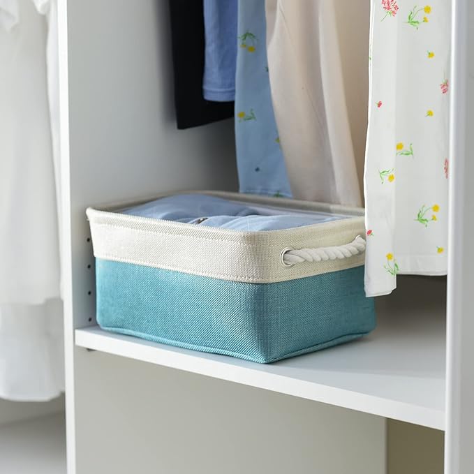 TheWarmHome Fabric Storage Bin with Handles,Storage Basket for Home Storage and Organization, Shelf Basket with Cover for Living Room Bedroom Decor Closet（White & Green,Small ,11.8L×7.9W×5.2H-Ruum Studio Home