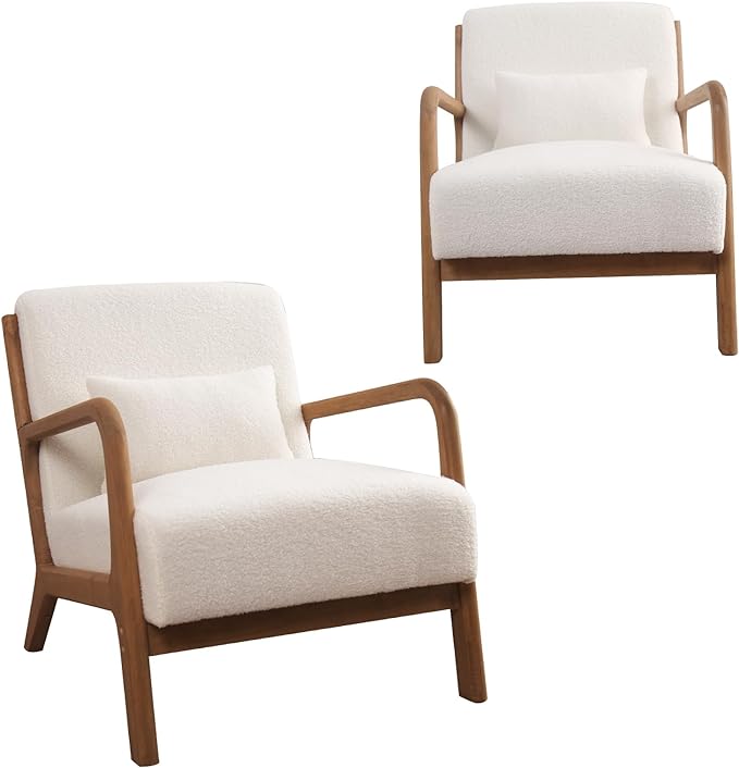 INZOY Mid Century Modern Accent Chair Set of 2, Lamb Wool Fabric Living Room Chairs with Waist Cushion, Upholstered Reading Armchair for Bedroom Sunroom-Ruum Studio Home
