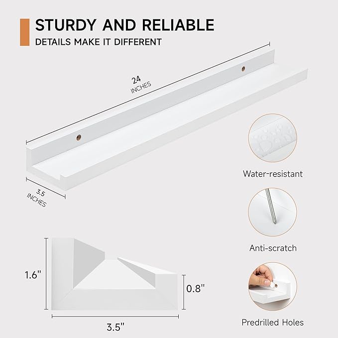 Picture Ledge Shelf for Wall, Floating Shelves Set of 4, 24 Inch Long Nursery Book Shelves for Toys Storage, Kids Bookshelf Wall Mounted for Books Photo Frames, White-Ruum Studio Home