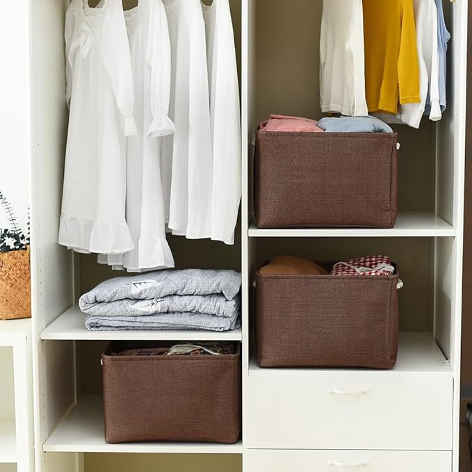 TheWarmHome Organization and Storage Basket for Shelves - 3 Pack 16x12x12 inch Fabric Storage Cubes, Cube Storage Bin for Organizing Closet Cloth Organizer Gift Toy (White & Brown)-Ruum Studio Home