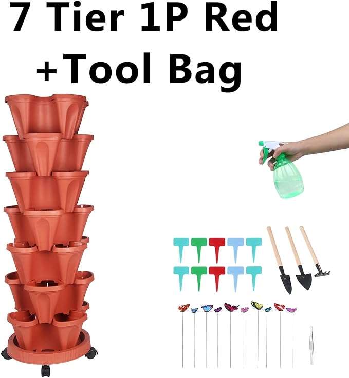 Vertical Planter, 7 Tier Stackable Strawberry Planter with Garden Tool Set, Movable Indoor/Outdoor Garden Herb Pot for Growing Vegetables and Succulents, Red-Ruum Studio Home