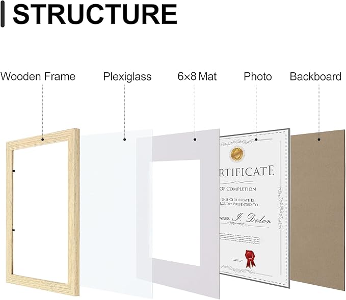 Vittanly 8.5x11 Picture Frames Set of 9, Shatter Resistant Plexiglass, Display 6x8 Pictures with Mat or 8.5x11 without Mat, Photo Frames for Wall or Tabletop, Engineered Wood, OAK-Ruum Studio Home