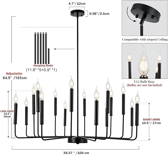 Modern Black Farmhouse Chandeliers, 16-Light Industrial Metal Chandelier Lighting, Classic Candle Hanging Pendant Light Fixtures for Kitchen Island, Living Room, Dining Room, Stair-Ruum Studio Home