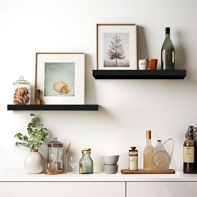 LaVie Home Floating Shelves, 15.6 Inch Wall Shelf Set of 3, Hanging Shelf with Invisible Brackets, Wall Decor for Bathroom, Bedroom, Living Room, Kitchen Storage, Classic Black-Ruum Studio Home