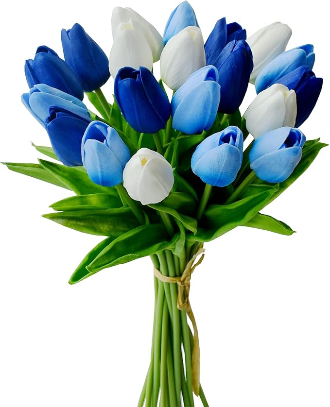 Mandy's Artificial Tulips 20 Stems Shades of Blue PU Faux Flowers for Wedding Home Decor 13.5 Inch-Ruum Studio Home