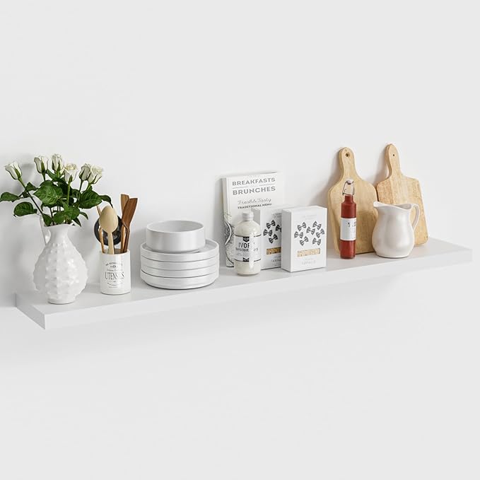 White Floating Wood Shelves for Wall 48 Inch, 8 in Deep Pine Shelf Floating Home Decor, Heavy Duty Shelf Hold 100 lbs, Wall Shelves for Bathroom Living Room Kitchen Bedroom Office Book, Set of 2-Ruum Studio Home