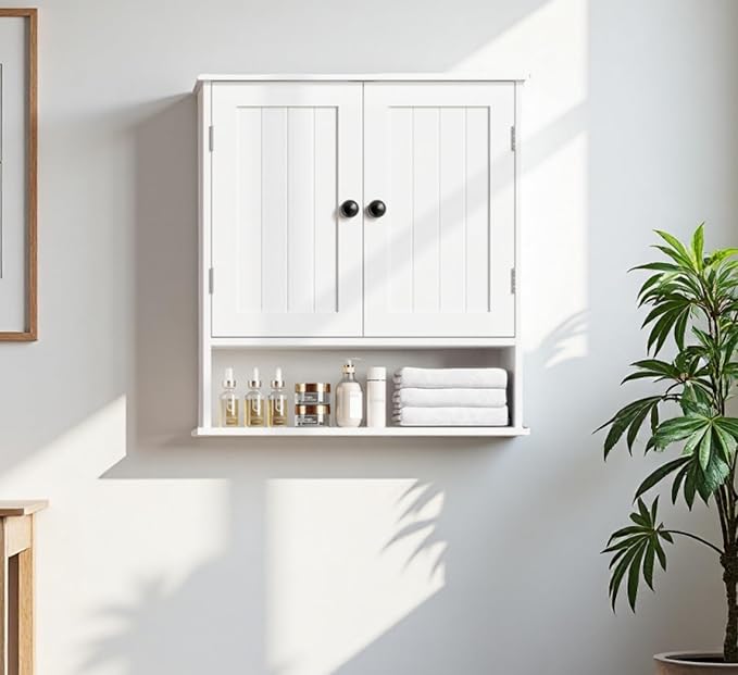 Bathroom Cabinet Wall-Mounted, White Storage Cabinets with Adjustable Shelves, Space-Saving Organizer with 2 Doors for Bathroom, Laundry, Kitchen - Moisture Resistant & Easy Install-Ruum Studio Home