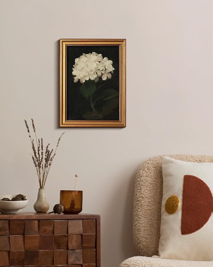 HUARCEY Gold Framed Vintage Wall Art for Living Room, Flowers Painting Canvas Prints Shelf Decor for Kitchen, Aesthetic Bedroom Wall Art, Christmas Gifts for Friends Family (White Hydrangea 12"x16")-Ruum Studio Home