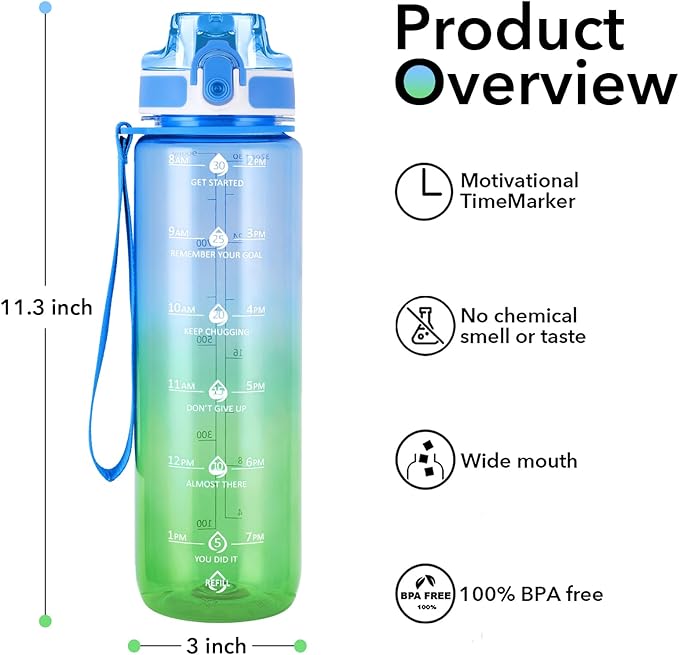 32oz Motivational Water Bottles with Time Marker & Fruit Strainer, Transparent Gradient Color Water Bottle with Times to Drink, Leakproof & BPA Free, Reusable Bottle with Strap (No Straw)-Ruum Studio Home