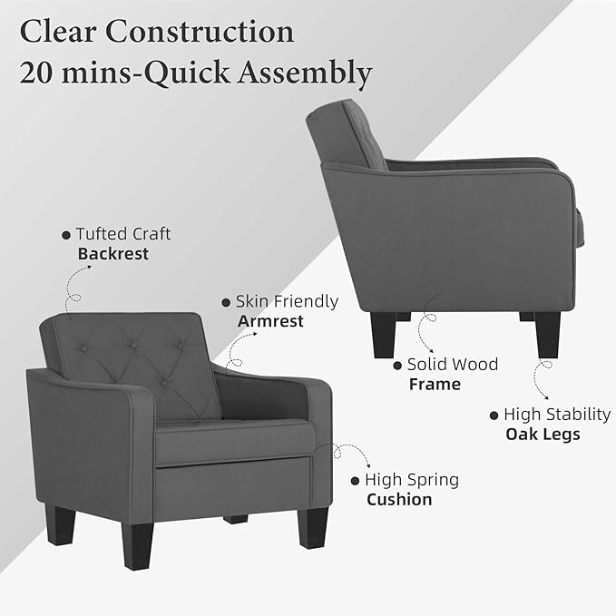 STHOUYN Living Room Chairs Accent Chairs Set of 2, Waiting Room Arm Chairs, Reading Chairs for Bedroom Comfy Club Chair Tufted, Office Small Space (2, Grey)-Ruum Studio Home