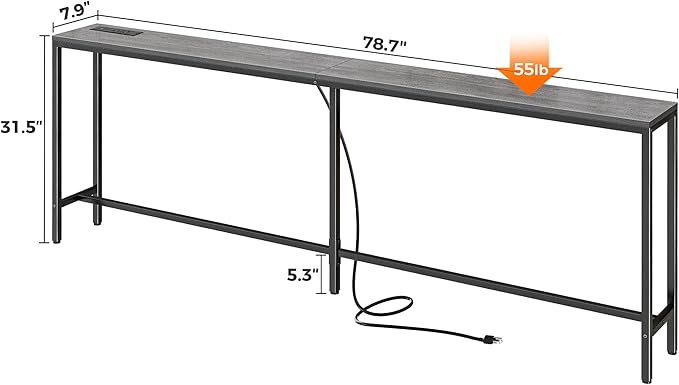 SUPERJARE 78.7 Inch Console Table with Outlet, Sofa Table with Charging Station, Narrow Hallway Entryway Table, Behind Couch Table, for Living Room, Charcoal Gray-Ruum Studio Home
