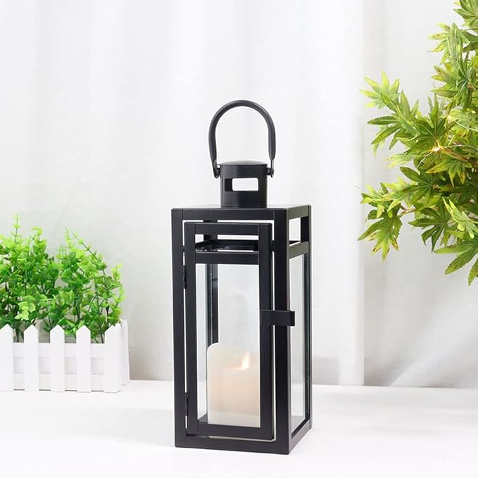 TRIROCKS Metal Candle Lantern 12'' High Decorative Outdoor Lantern Hanging Lantern with Tempered Glass for Christmas Home Decor Living Room Parties Events Tabletop Indoors Outdoors (Black Matte)-Ruum Studio Home