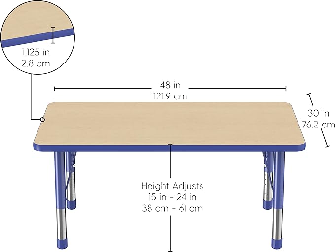 FDP Rectangle Activity School and Classroom Kids Table (30 x 48 inch), Chunky Toddler Legs, Adjustable Height 15-24 inches - Maple Top and Blue Edge-Ruum Studio Home