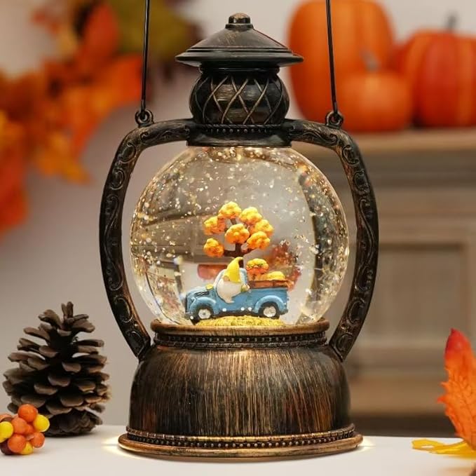 Fall Snow Globes, Blue Truck Pumpkin and Gnome Scene Snow Globes, Glittering Lantern with Timer, Snow Globe Lantern USB or Battery Powered for Fall Festival Thanksgiving Day Decor-Ruum Studio Home