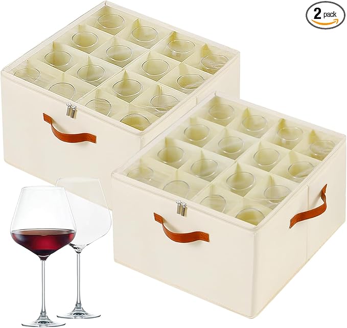 Wine Glass Storage Box with Dividers, 2 Pack Glassware Storage Containers, Stemware Storage Cases Holds 32 Wine Glasses, Stackable Crystal Storage Containers with Clear Cover for Moving，Beige-Ruum Studio Home