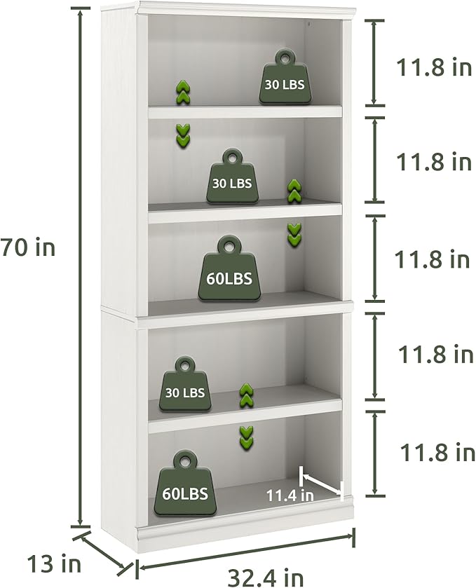 70-Inch Tall White Bookcase, 5 Tiers Shelves Open Storage Bookshelf, 33 in Wide Anti Tipping Indoor Furniture, Book Cases for Home Library Office Bedroom School-Ruum Studio Home