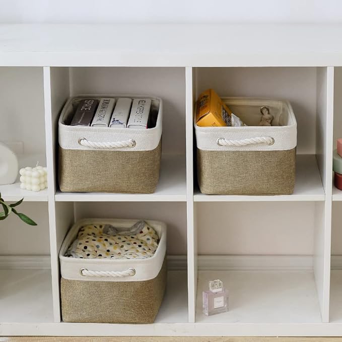TheWarmHome Storage Basket for Shelves - 1 Pack 14x10x6.7 inch Collapsible Storage Bins Storage Boxes for Organizing for Laundry Closet Gift Cloth Nursery (Whiet & Khaki)-Ruum Studio Home