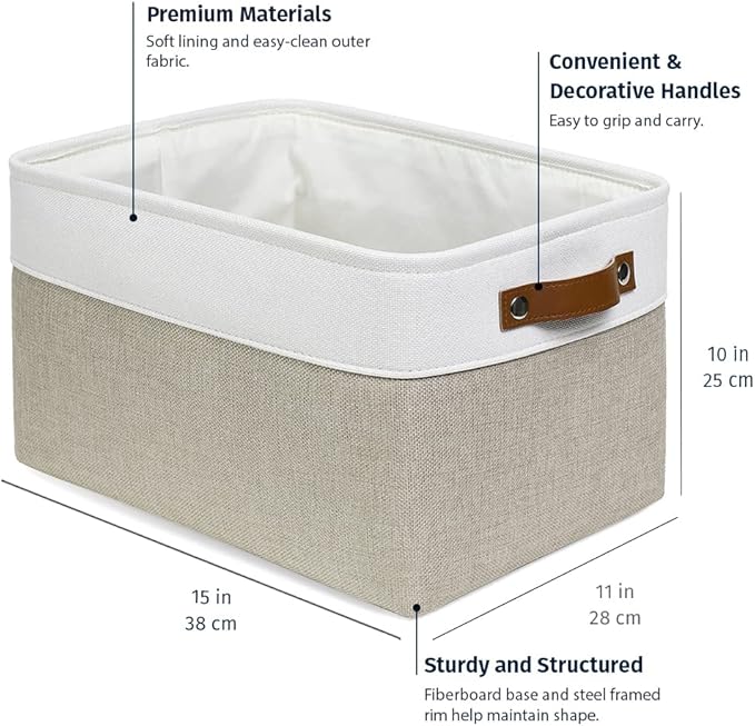 OrganiHaus Large Fabric Storage Baskets for Shelves 3 Pack, 15x11in Closet Storage Bins for Shelves, Cloth Baskets for Organizing, Linen Closet Organizers, Fabric Basket, Beige/White-Ruum Studio Home