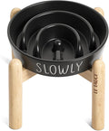 Ceramic Slow Feeder Bowl Elevated - 1.5 Cup with Wood Stand for Small & Medium Breed, Anti-Gulping, Black-Ruum Studio Home
