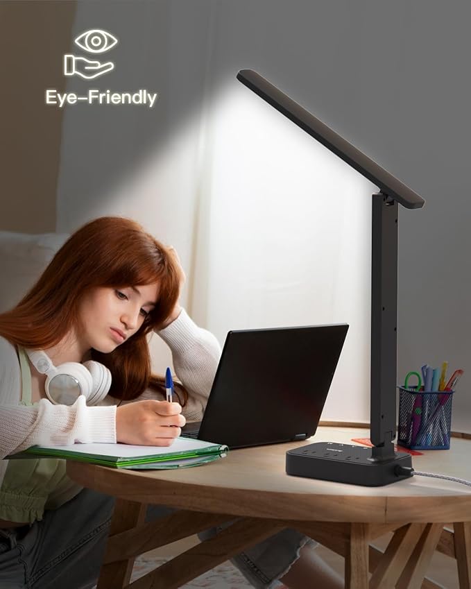 Addtam LED Desk Lamp, Power Strip with 3 Outlets 4 USB Charging Ports(2 USBC), 4 Modes 5 Level Brightness Touch Lamp, Small Desk Lamp for Home Office College Dorm Room Essentials-Ruum Studio Home