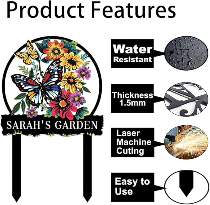 Personalized Butterfly Metal Sign with Stake,Custom Gardener Family Name Signs Outdoor Decorate,Customized Garden Accessories Decor for Mother's Day,Sunflowers Plaques for Patio Lawn Porch Backyard-Ruum Studio Home