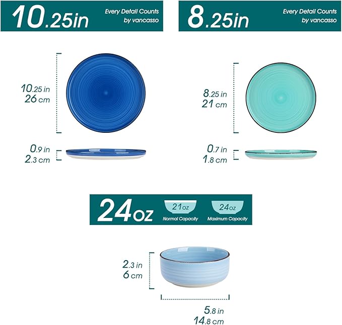 vancasso Bonita Blue Dinnerware Sets, Plates and Bowls Set for 4, 12 Pieces Stoneware Dinnerware Set, Dishwasher and Microwave Safe-Ruum Studio Home