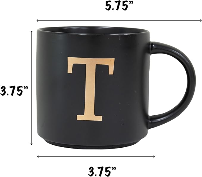 COLLECTIVE HOME - Monogram Ceramic Mugs, 15 oz Golden Initial Black Coffee Cups, Elegant Alphabet Tea Mugs, Elegant Personalized Mug with Gift Box, Unique Mug with Double Side Capital Lette (T)-Ruum Studio Home