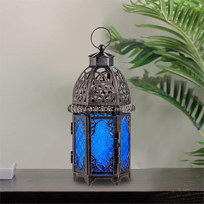 NEEDOMO Hanging Moroccan Lantern, 12.8'' Vintage Candle Holder, Metal Lanterns Decorative Indoor Outdoor, Table, Patio, Porch, Shelf, Gothic Home Decor (Blue, Large Size)-Ruum Studio Home