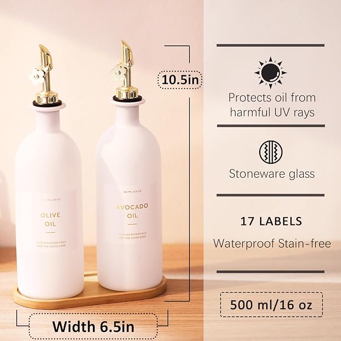 HOMCDALY Olive Oil Dispenser for Kitchen, 16oz Glass Oil Bottles with Bamboo Tray, Gold Oil&Vinegar Cruet Set, Kitchen Dispenser Bottles with Pourer | Set of 2 (16oz – Gold)-Ruum Studio Home