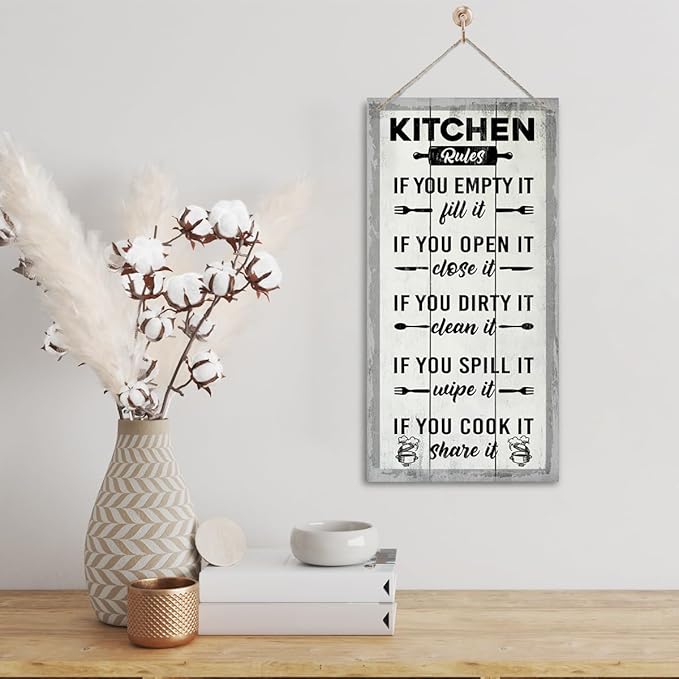 Hanging Kitchen Rules Wood Decor Sign, Rustic Kitchen Wooden Signs, Printed Wood Wall Art Sign, Kitchen Door Rules Rustic Sign, Hanging Wood Sign Kitchen Decor, Funny Farmhouse Kitchen Wall Décor J1-Ruum Studio Home