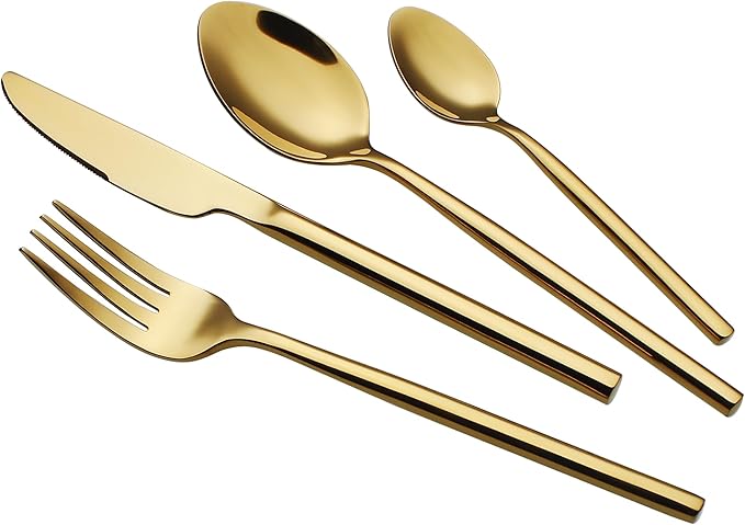 24 Piece Silverware Set For 6 Gold Heavy duty 18/10 Stainless Steel Flatware Set Modern Design Knife/Fork/Spoon Mirror Polished Dishwasher Safe Cutlery Set with Gifts-Ruum Studio Home