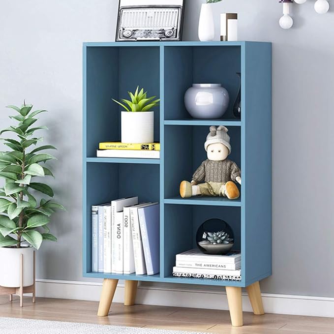 IOTXY Wooden Open Shelf Bookcase - 3-Tier Floor Standing Display Cabinet Rack with Legs, 5 Cubes Bookshelf, Bright Blue-Ruum Studio Home
