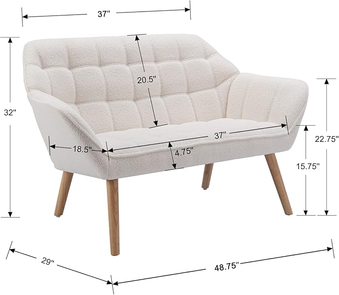 48" Small Loveseat Sofa, Modern Sherpa Mini Sofa Couch 2-Seater Fluffy Love Seat with Quilting Backs and Wood Legs for Living Room, Bedroom and Small Space, White-Ruum Studio Home