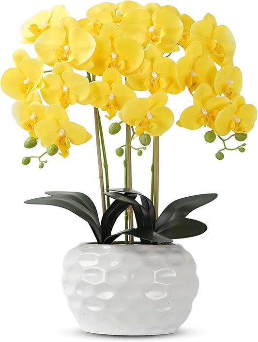 Orchid Artificial Flowers with White Vase Large Silk Faux Phalaenopsis Flowers for Dining Room Table Floral Centerpieces Indoor Decoration,Yellow-Ruum Studio Home
