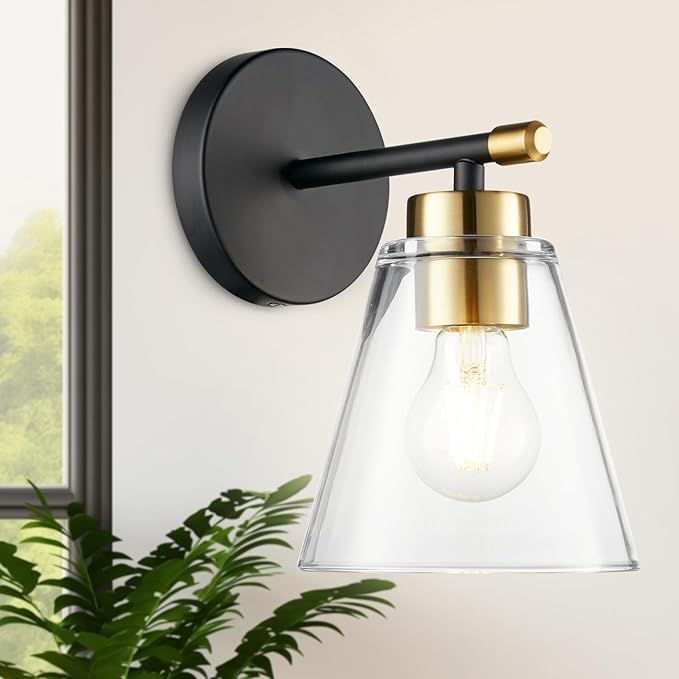 Hamilyeah Black and Gold Wall Sconces Set of 2, Bathroom Sconces Wall Lighting Fixture Indoor with Glass Shade, Mordern Black Wall Sconce Lighting for Kitchen, Hallway, Living Room-Ruum Studio Home