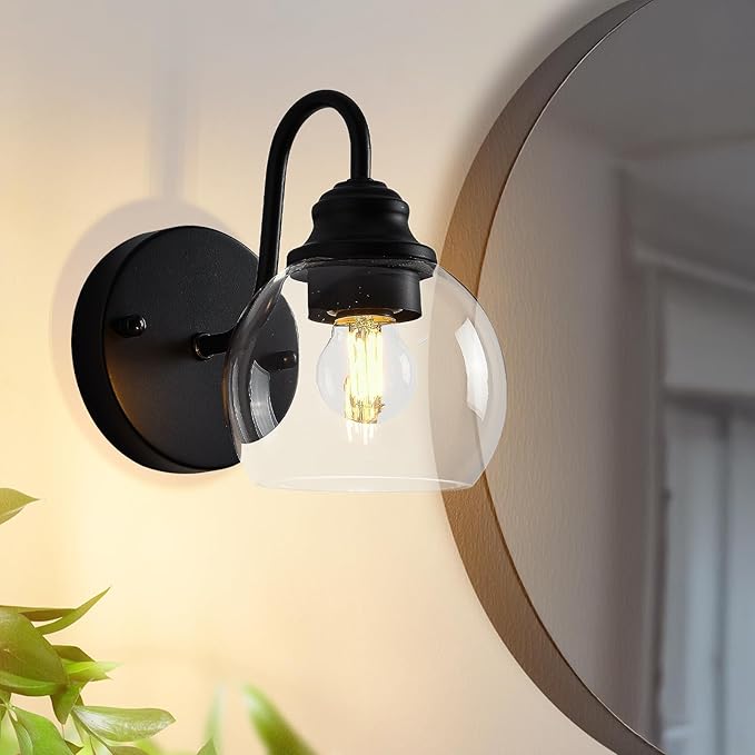 Farmhouse Gooseneck Wall Sconces Set of Two, Bathroom Vintage Black Vanity Light, Rustic Indoor Wall Light Fixtures with Clear Glass for Bathroom Beside Mirror Living Room Hallway-Ruum Studio Home