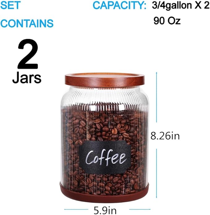 SAIOOL 2-Pack Striped Borosilicate Glass Airtight Canisters - Big mouth Large Capacity, Acacia Wood Lid, Food Storage Jars for Flour, Pasta, Pantry Organization (3/4 Gallon （2 Striped pack）)-Ruum Studio Home